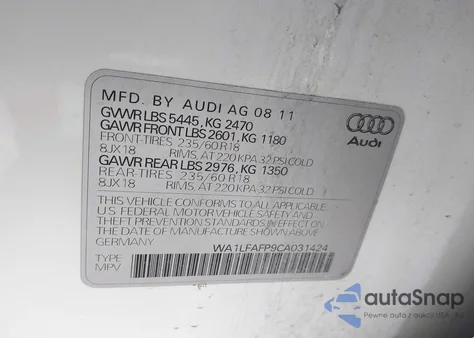 2012 Audi Q5 2.0T Premium z USA, uszkodzony, nr VIN WA1LFAFP9CA031424